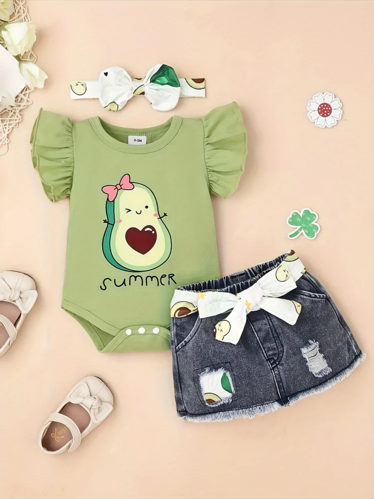 Body estampado de aguacate falda de mezclilla y cintillo