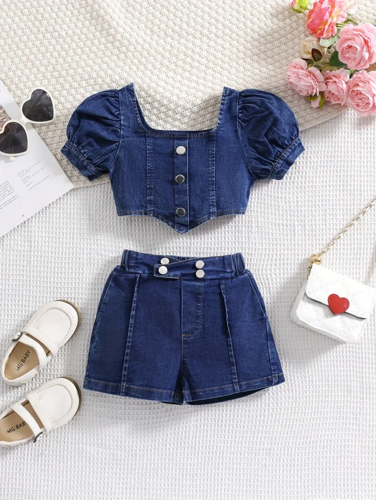 Top mangas abullonadas estilo denim y short