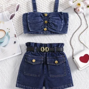 Conjunto Denim con lazo y tirantes + short con volante y cinturón