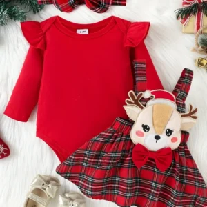 Conjunto navideño body manga larga+vestido+cintillo