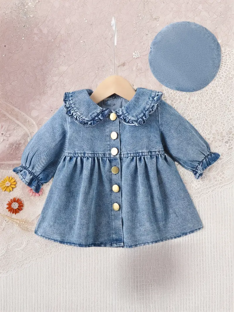 Vestido azul cielo de mezclilla manga larga con boina