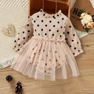 Vestidos caqui lunares de manga larga y tul