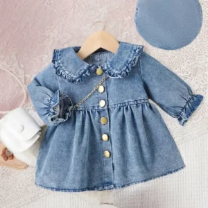 Vestido azul cielo de mezclilla manga larga con boina