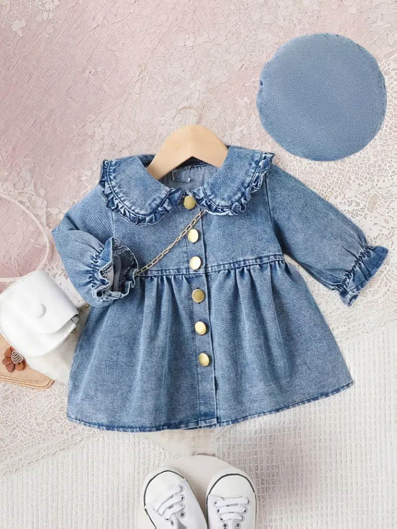 Vestido azul cielo de mezclilla manga larga con boina