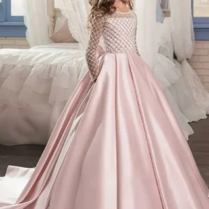 Vestido de fiesta manga larga con detalles de encaje y lazo