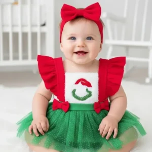 Romper vestido navideño bordado de felpa falda tutú malla verde