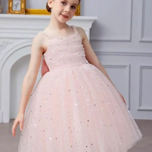Vestido elegante rosa claro de malla con tirantes de espagueti