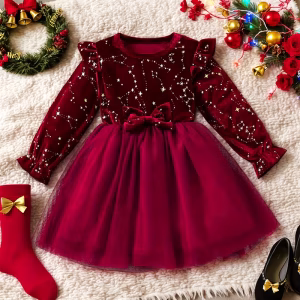 Vestido rojo vino de terciopelo con estrellas doradas y tul