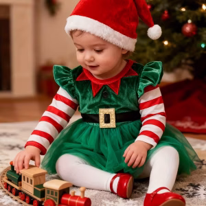 Vestido navideño con mangas largas a rayas