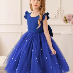 Vestido azul con tul perlas y lazo