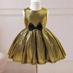 Vestido dorado elegante sin mangas con decoración de lazo