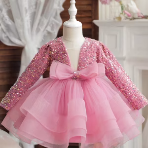 Vestido fiesta rosado con lentejuelas y tul