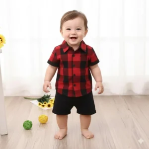 Conjunto de niño 2 piezas camisa cuadrada rojo/negro y bermuda