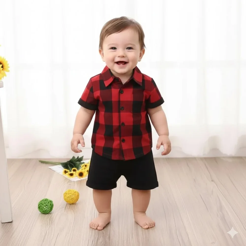 Conjunto de niño 2 piezas camisa cuadrada rojo/negro y bermuda