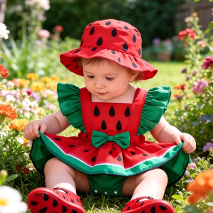 Romper vestido temático sandía con gorro