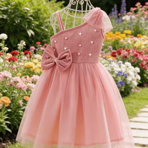 Vestido rosado corte en A con terciopelo tul y perlas