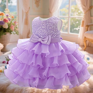 Vestido de fiesta lila con lentejuelas y falda en capas