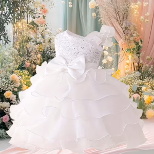 Vestido de fiesta blanco con lentejuelas falda en capas