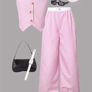 Conjunto de chaleco a rayas rosadas y pantalón