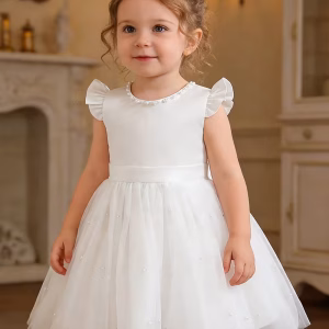 Vestido blanco con tul perlas y lazo posterior