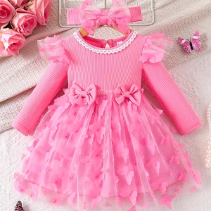 Vestido rosado con mariposas 3D y cintillo