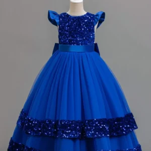Vestido azul cuello en V profundo decoración de lazo y lentejuelas