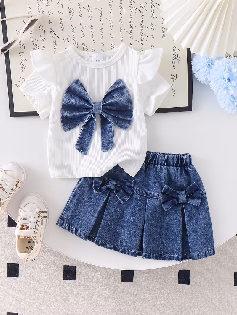 Conjunto 2 piezas blusa con lazo de mezclilla y falda