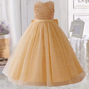 Vestido dorado lentejuelas y tul con lazo en la espalda