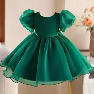 Vestido verde con manga burbuja de lujo ligero