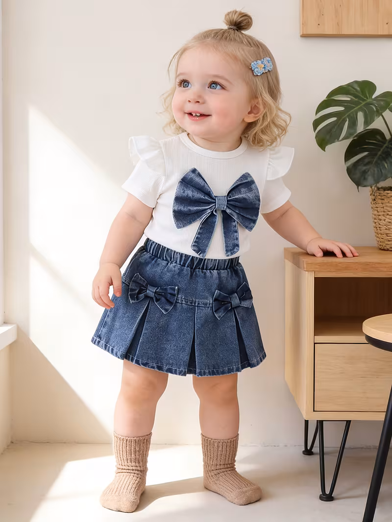 Conjunto 2 piezas blusa con lazo de mezclilla y falda