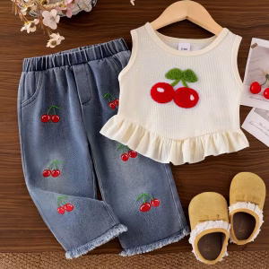 Top sin mangas y pantalón con cerezas bordadas