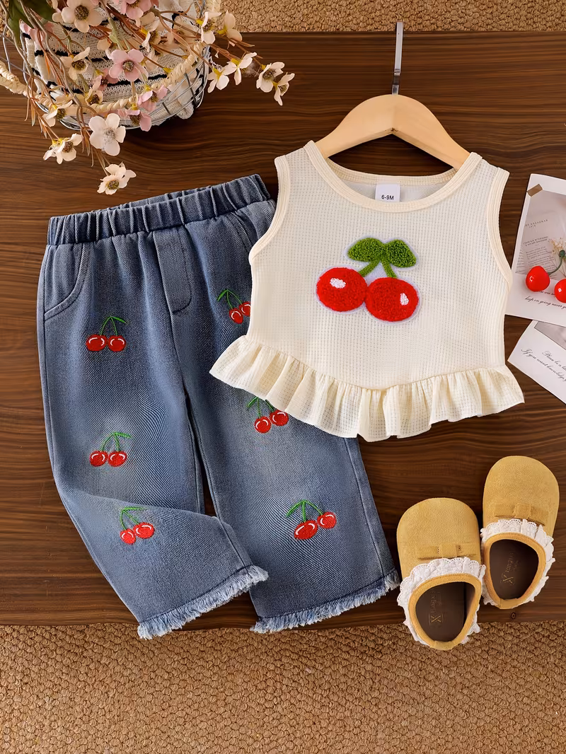 Top sin mangas y pantalón con cerezas bordadas