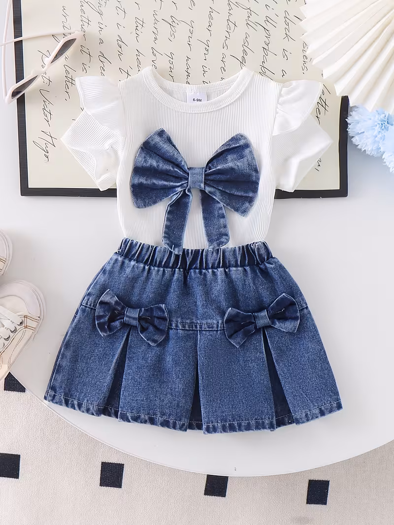 Conjunto 2 piezas blusa con lazo de mezclilla y falda