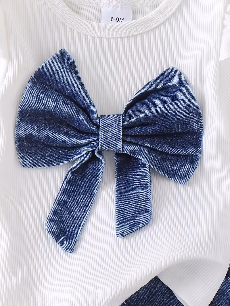 Conjunto 2 piezas blusa con lazo de mezclilla y falda