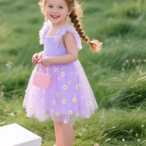 Vestido lila con tul y estampado de margaritas