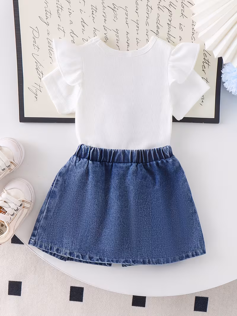 Conjunto 2 piezas blusa con lazo de mezclilla y falda