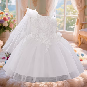 Vestido blanco con apliques floral y tul
