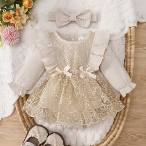 Vestido romper caqui malla bordada volantes y cintillo