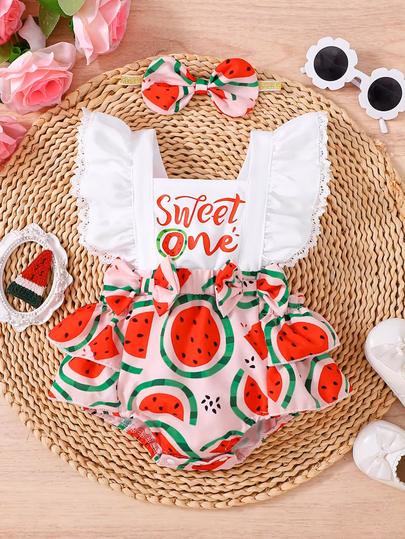 Romper temático sandía con estampado "Sweet One" con cintillo