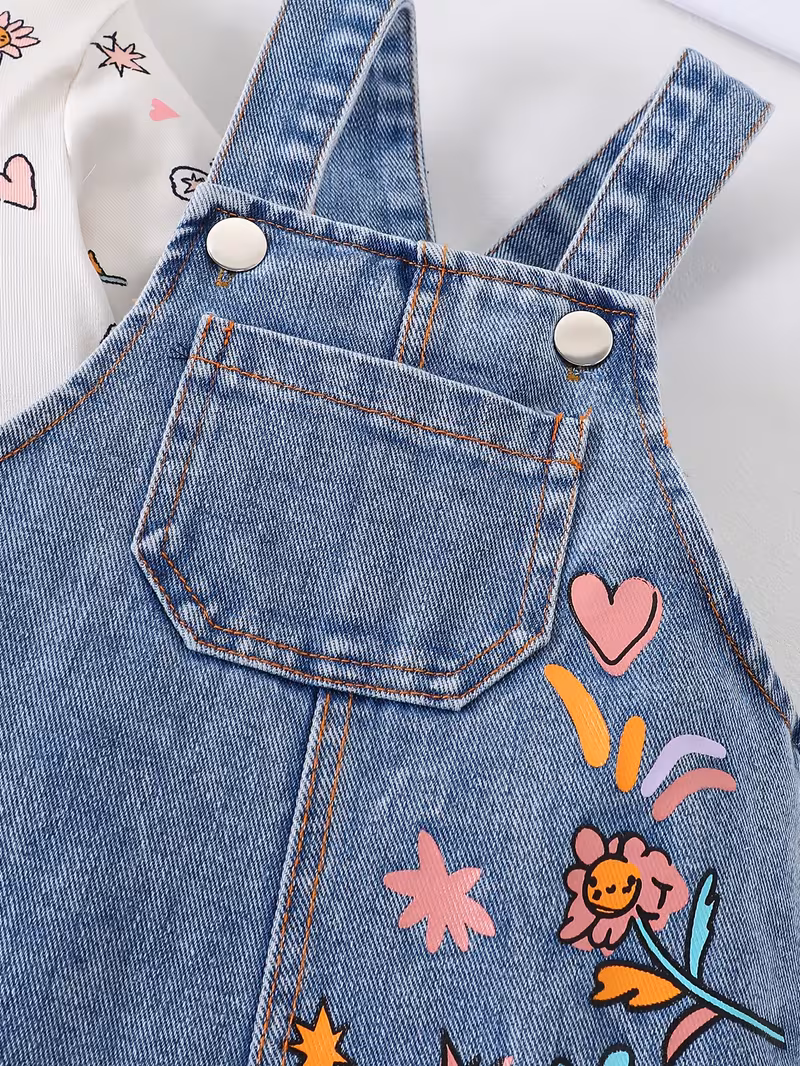 Overol jean con estampado y blusa estampada