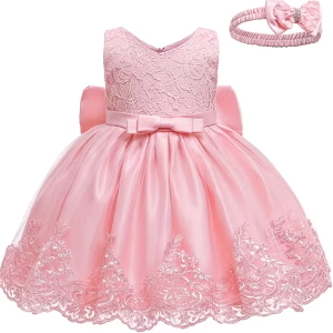 Vestido rosa melón con apliques lazo posterior grande y cintillo