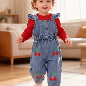 Overol pantalón con estampado de cereza y blusa roja