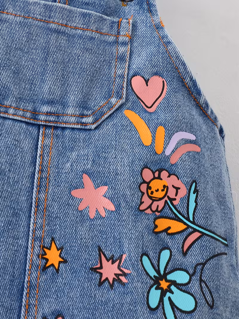 Overol jean con estampado y blusa estampada