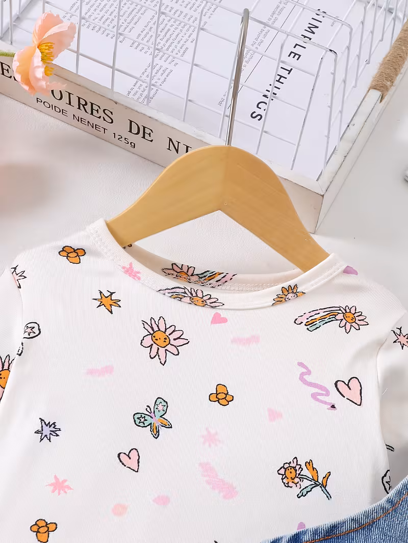 Overol jean con estampado y blusa estampada