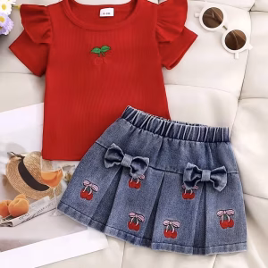 Conjunto blusa y falda plisada con cerezas bordadas