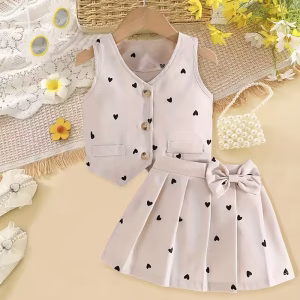 Blusa tipo chaleco y falda corta plisada estampado de corazones