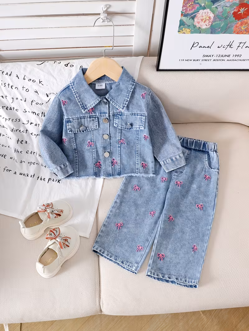 Conjunto de mezclilla chaqueta y pantalón bordado de lazo