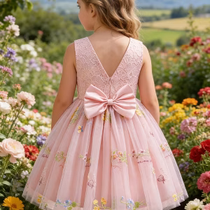 Vestido rosado con tul bordado floral