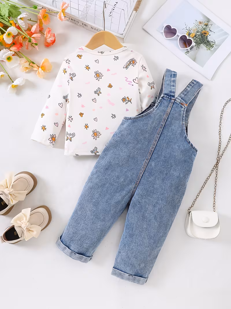 Overol jean con estampado y blusa estampada