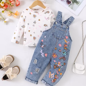 Overol jean con estampado y blusa estampada